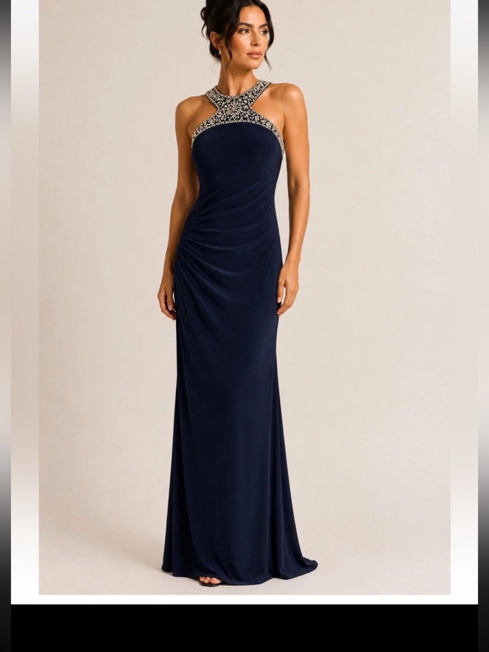 Xscape Evening Navy Beaded Halter Gown Maxi Dress Formal Evening Prom Size 12 - Picture 16 of 16